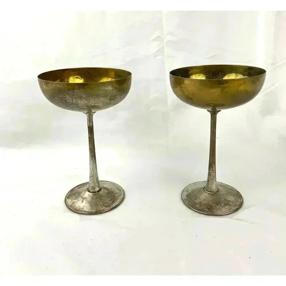 VTG Pair Leonard Silver‎ Toned Brass Tarnished Goblets Chalice